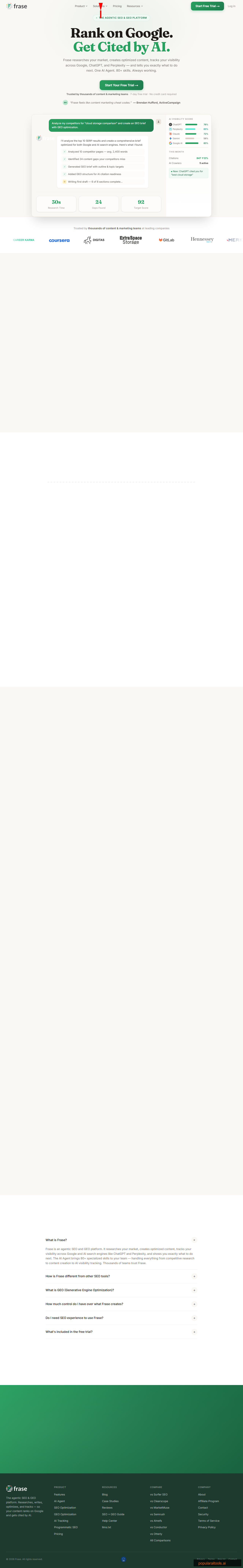 Frase homepage showing agentic SEO and GEO platform for ranking on Google and AI