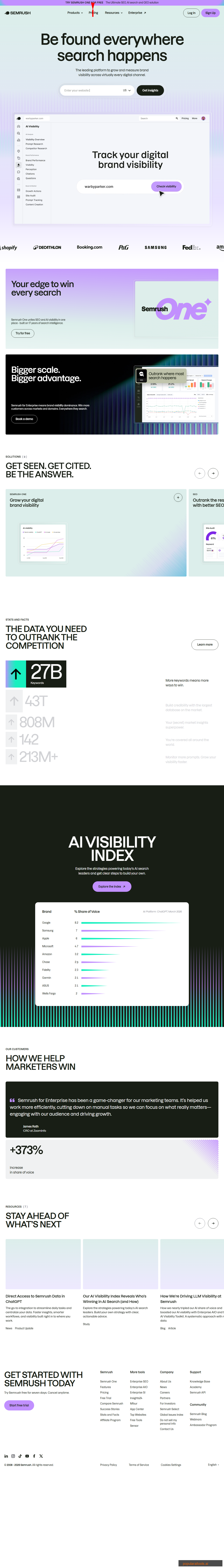 Semrush homepage showing comprehensive SEO and digital marketing platform