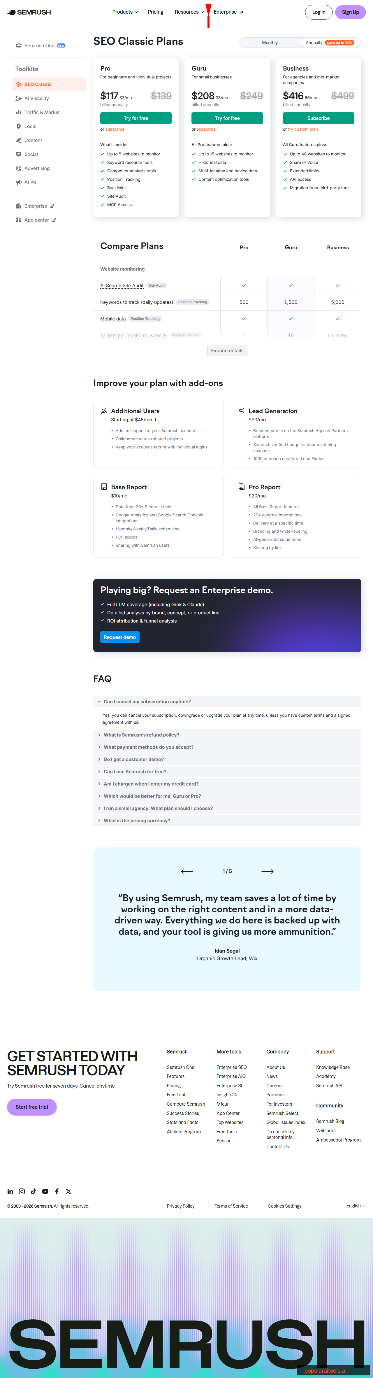 Semrush pricing page showing Pro, Guru, and Business plans