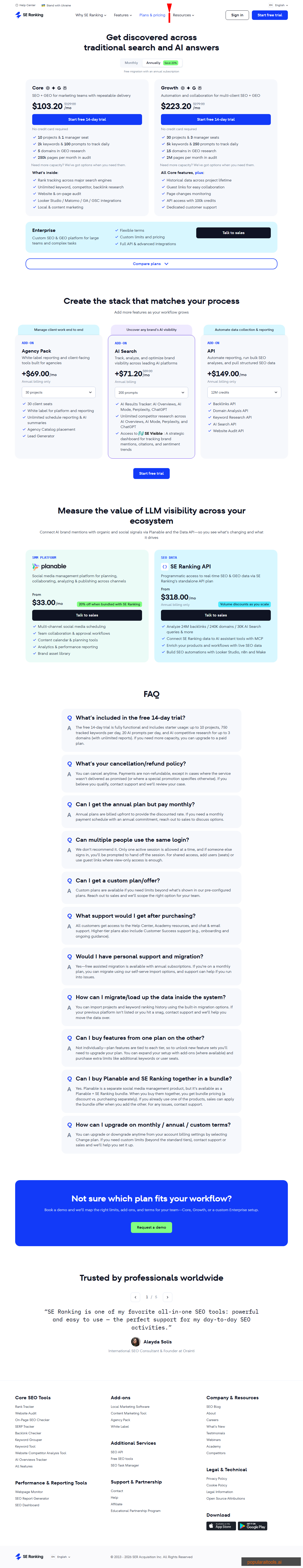 SE Ranking pricing page showing Core, Growth, and Enterprise plans with add-ons