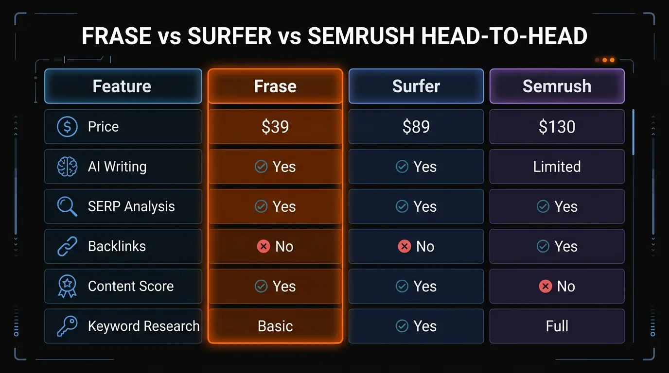 AI SEO Tools Comparison 2026 - pricing, features, and capabilities side by side