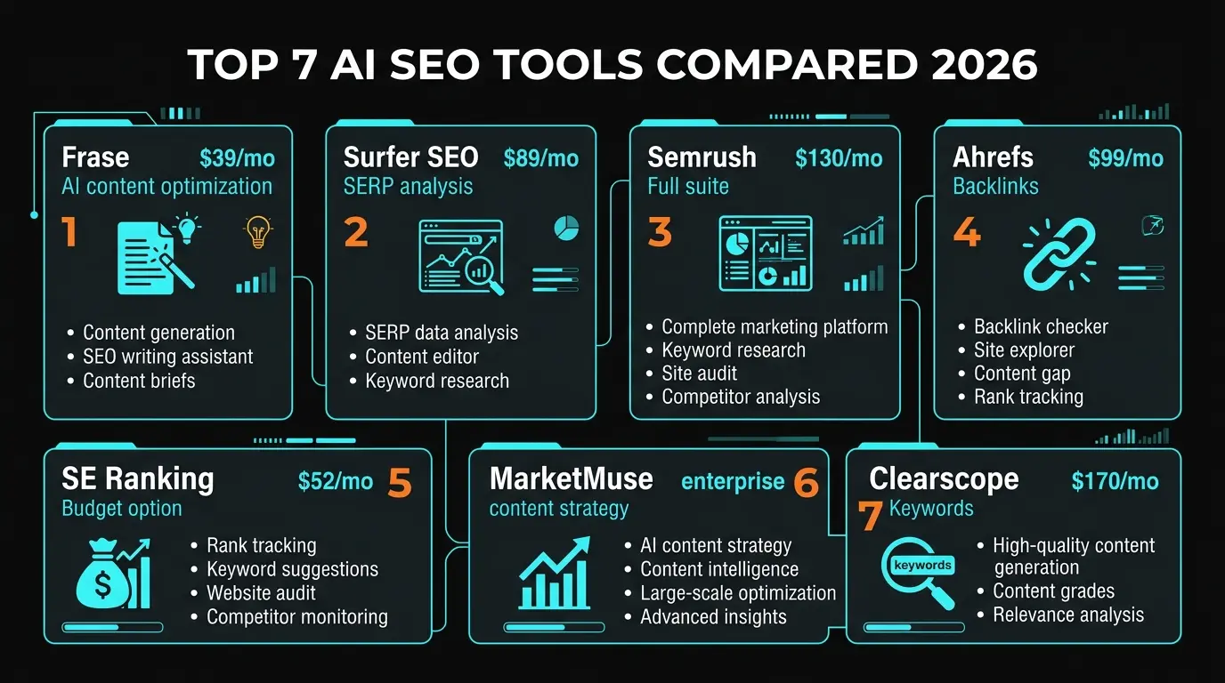 AI SEO Tools Features Overview 2026 - comparing key capabilities across 7 platforms