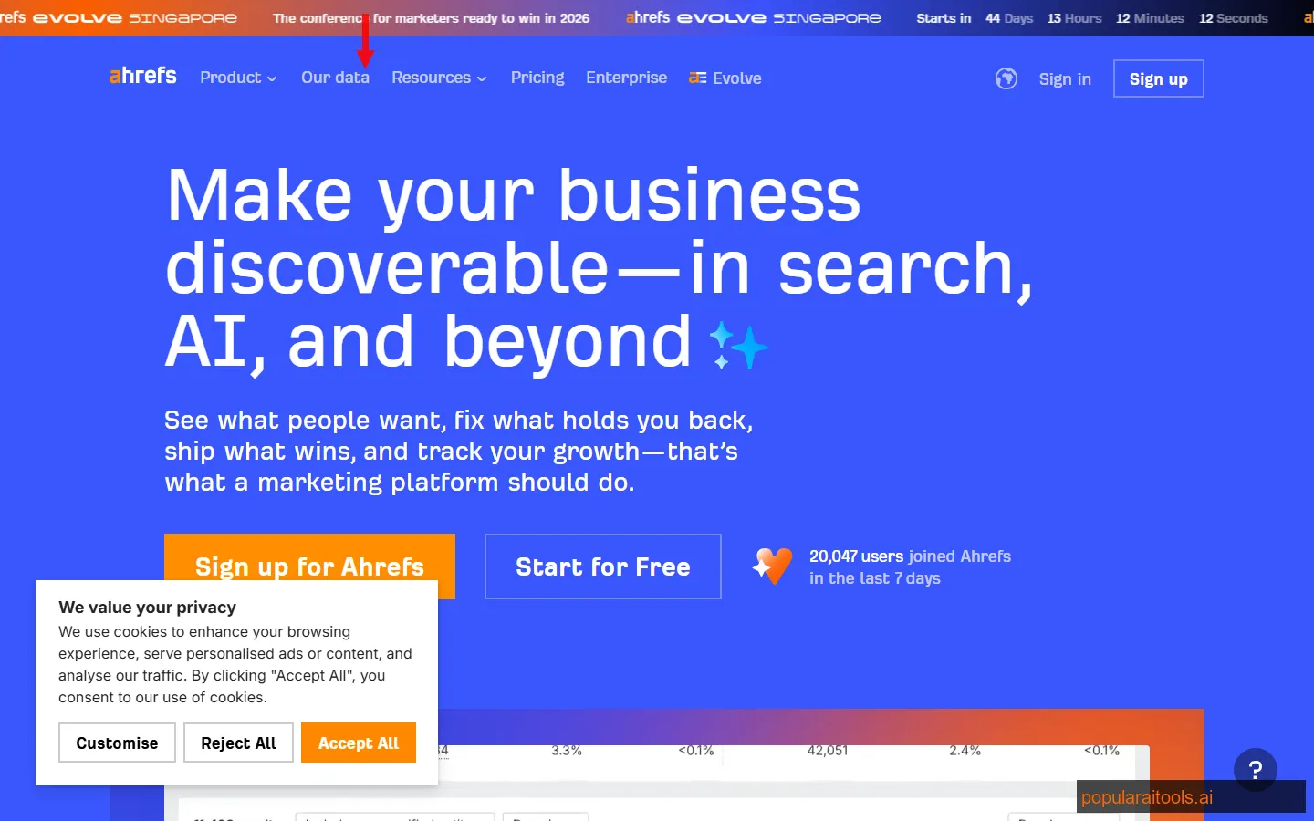 Ahrefs backlink analysis dashboard showing referring domains, anchor text, and link growth