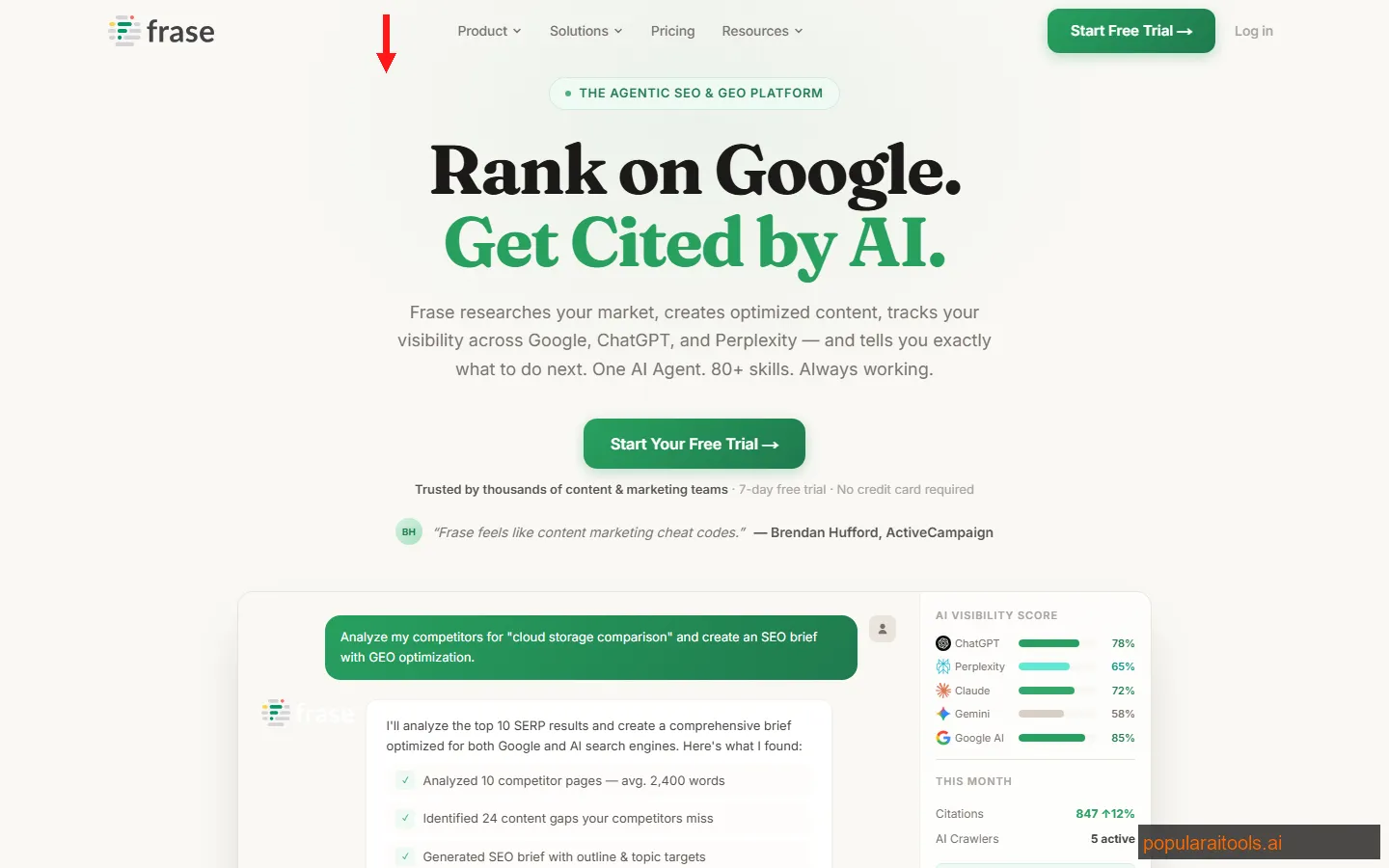 Frase AI SEO tool interface showing agentic workflow and content optimization dashboard
