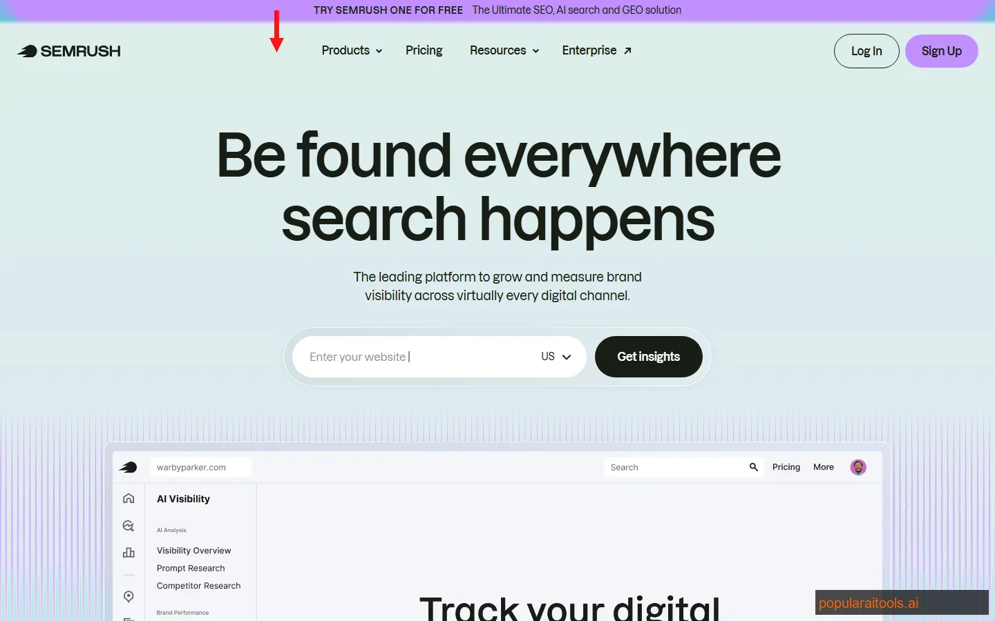 Semrush SEO dashboard showing keyword research, position tracking, and AI content tools