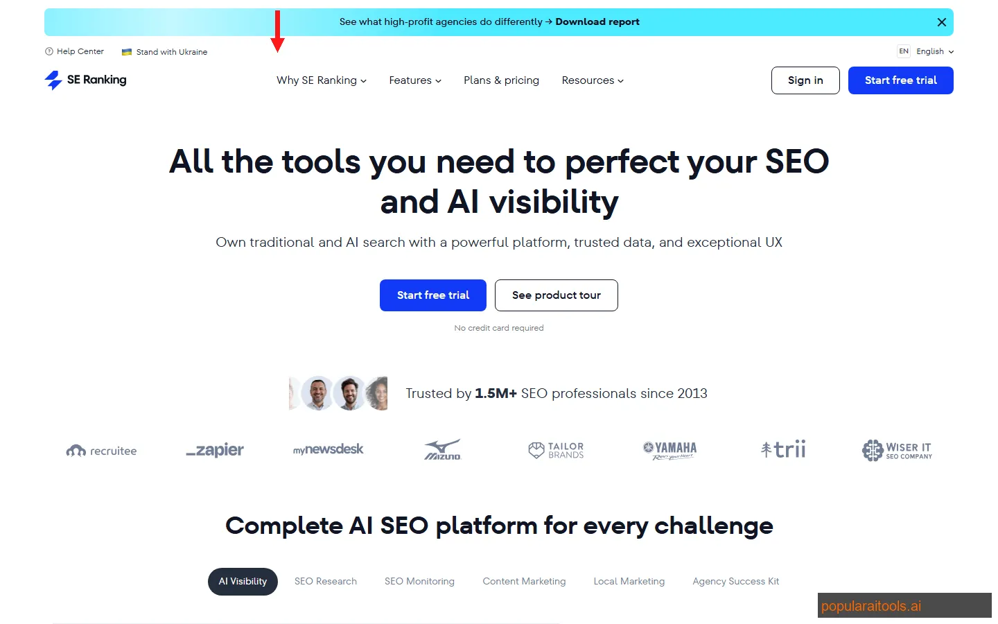 SE Ranking dashboard showing keyword rank tracking, site audit, and competitive analysis