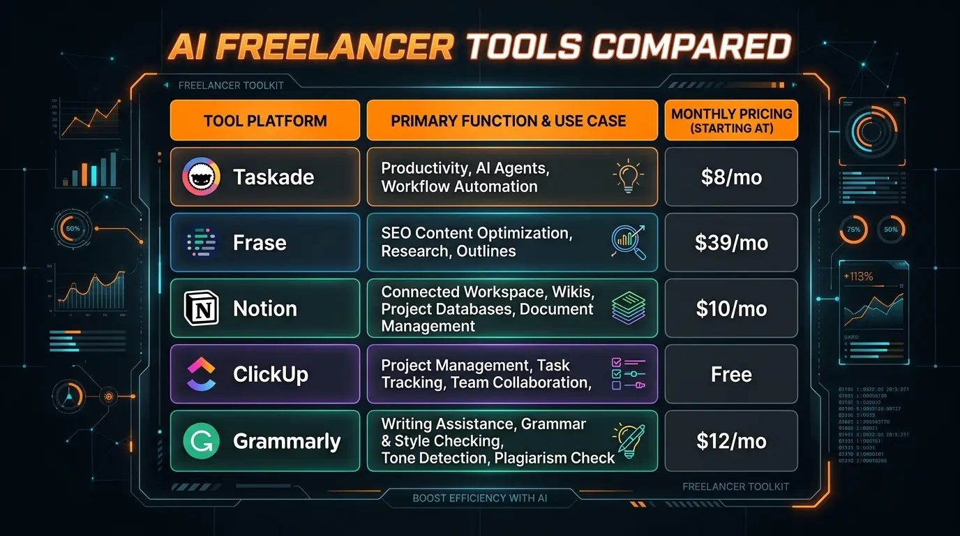 AI tools for freelancers 2026 comparison chart showing pricing, free tiers, and best use cases for all 10 tools