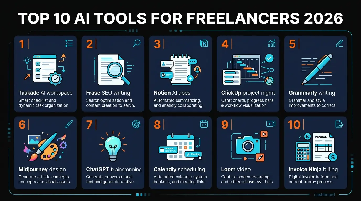 AI Tools for Freelancers 2026 - 10 key features overview showing workspace, SEO, writing, design, video, and marketing capabilities
