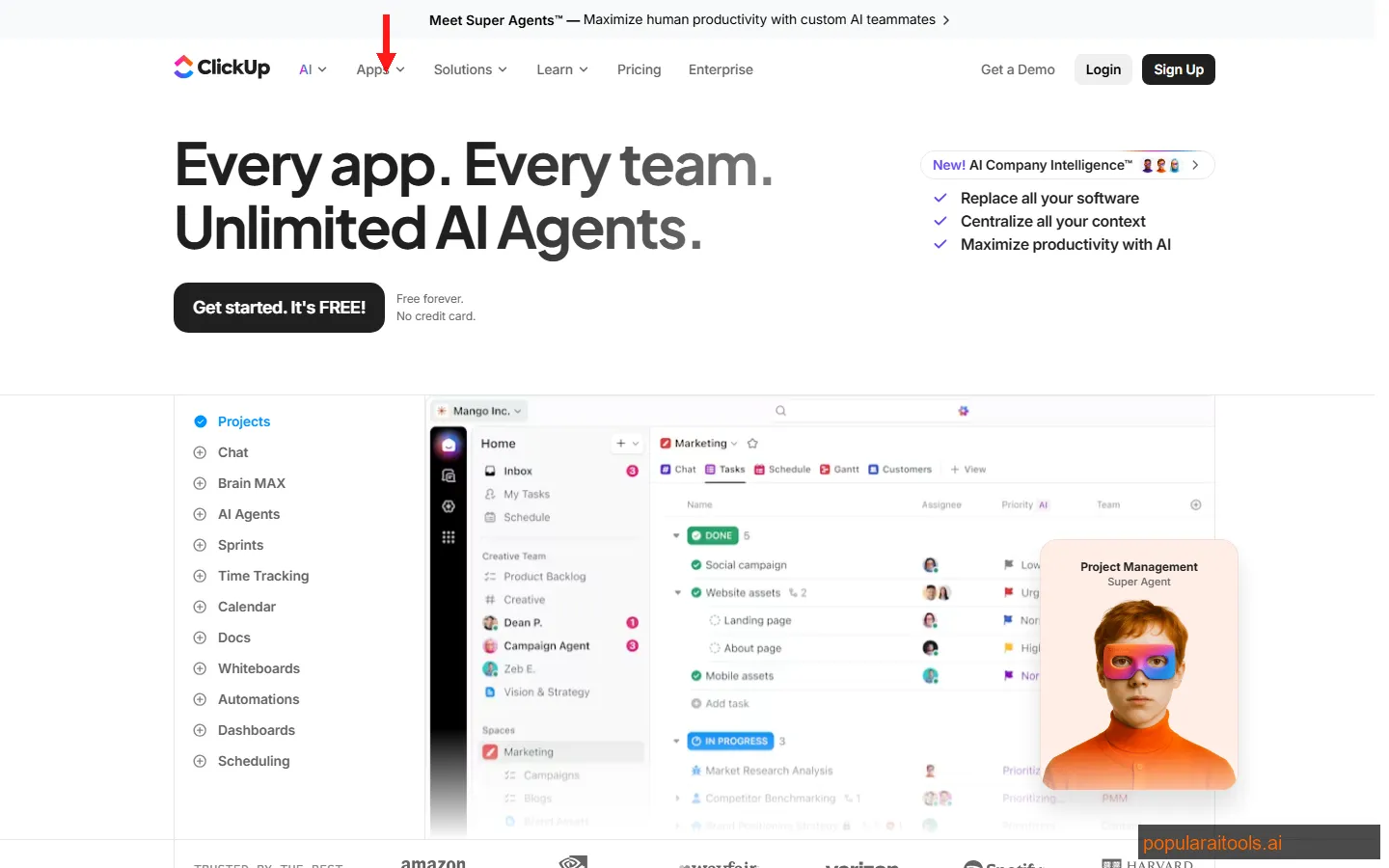 ClickUp AI project management dashboard showing tasks, docs, AI writing, and time tracking