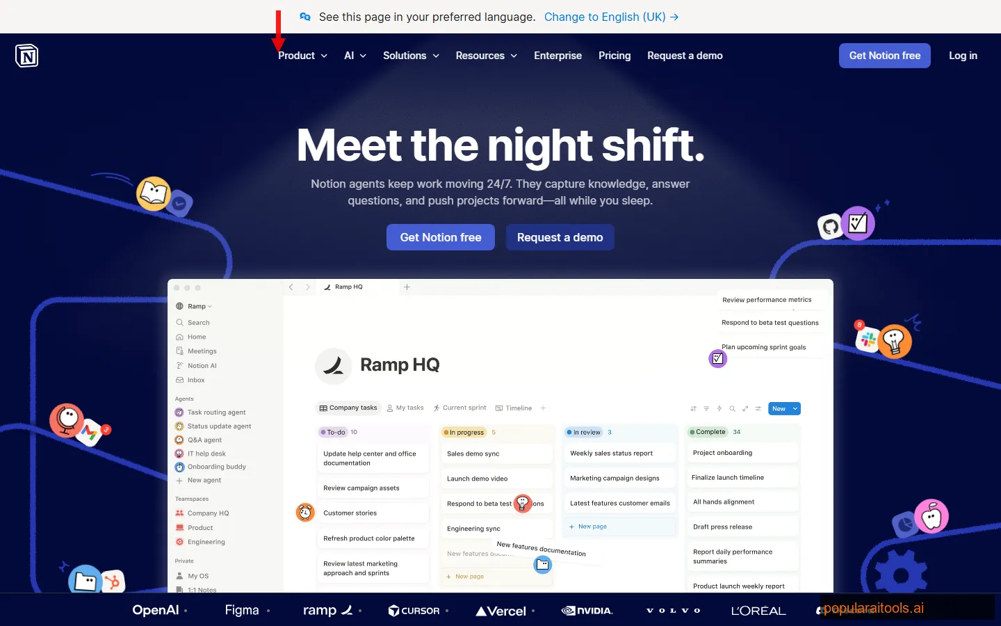 Notion AI workspace showing docs, databases, AI Q&A, and agent features for freelancers