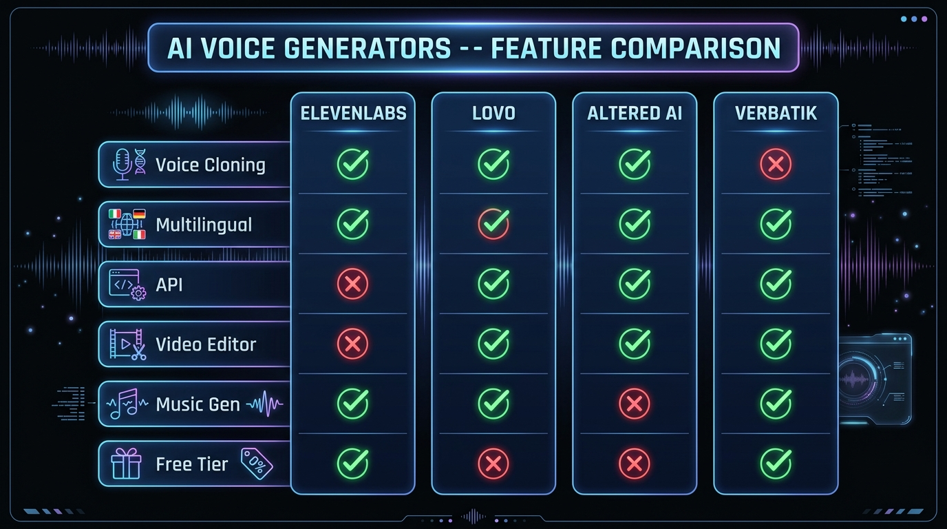 AI Voice Generator comparison across ElevenLabs, LOVO AI, Altered AI, and Verbatik
