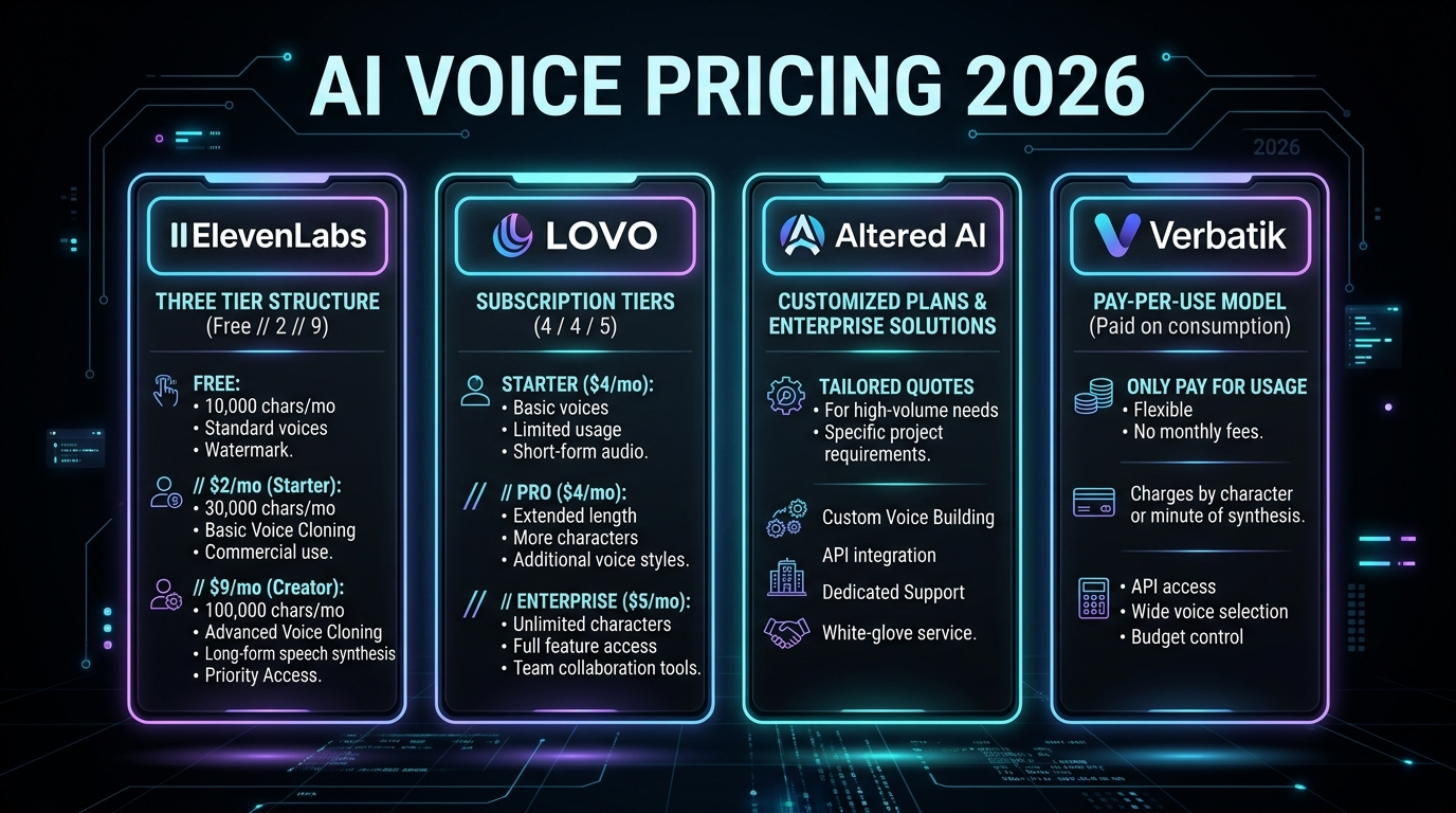 AI Voice Generator pricing comparison for ElevenLabs, LOVO AI, Altered AI, and Verbatik in 2026