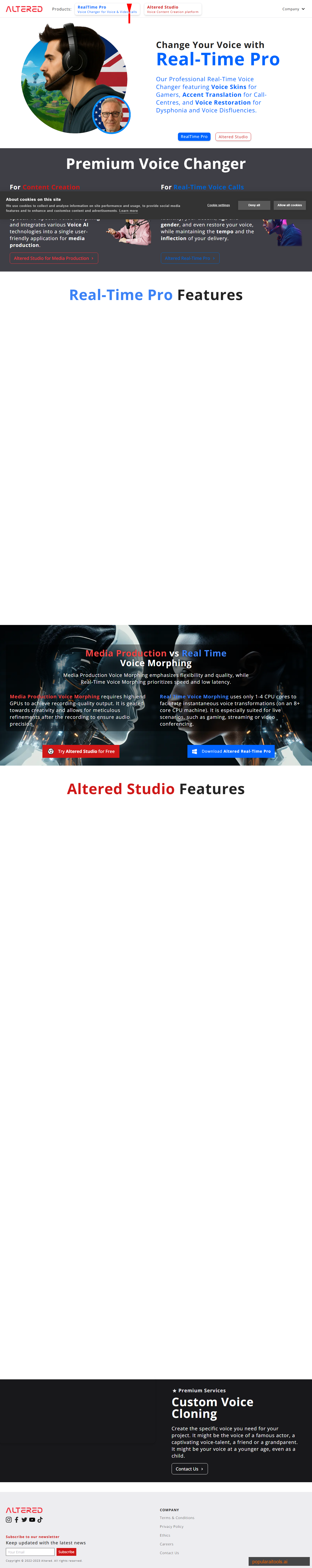 Altered AI homepage showing professional voice AI platform for dubbing and voice design