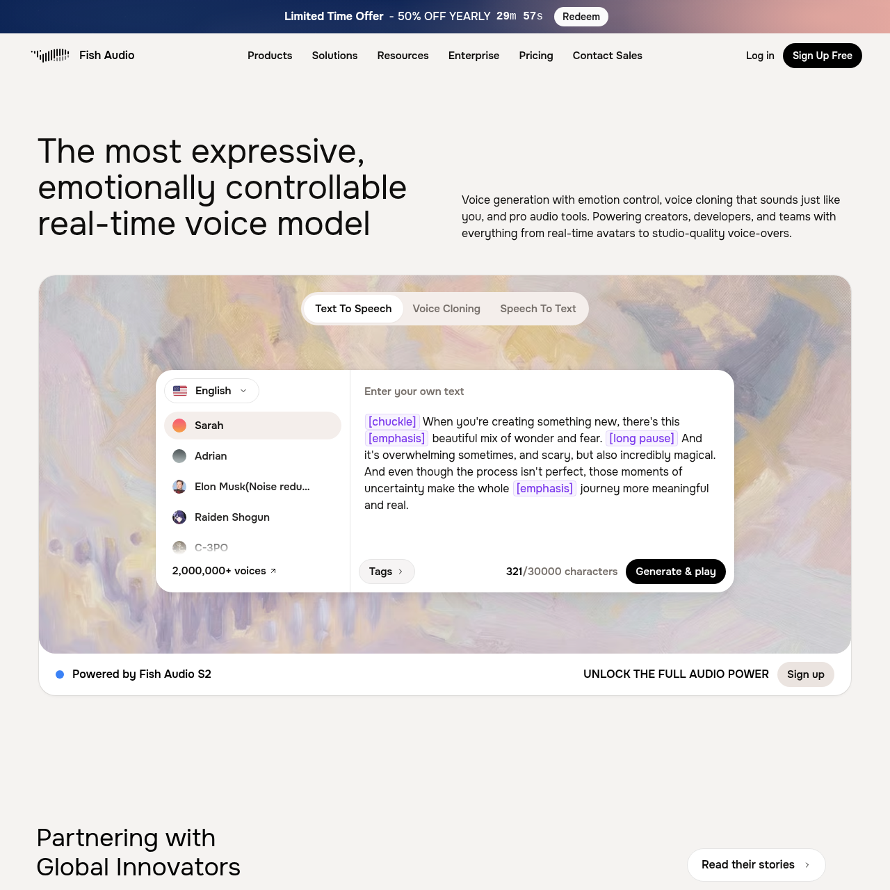 Fish Audio homepage showing the S2 open-weights voice model with text-to-speech, voice cloning, and emotion control