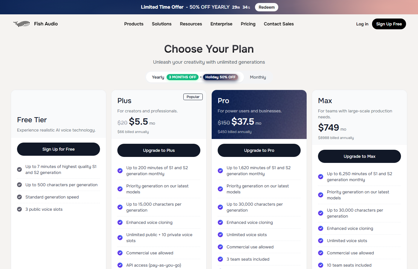 Fish Audio pricing plans showing Free Tier, Plus at $11/month, Pro at $75/month, and Max plans with generation limits and API access