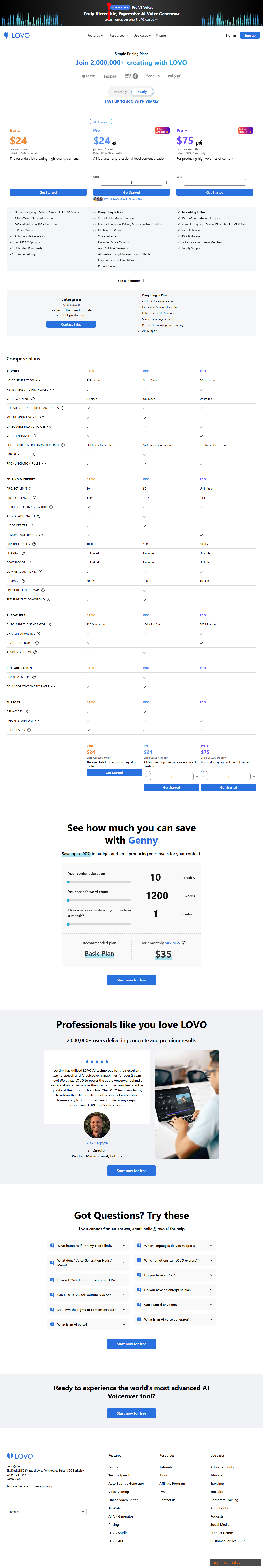 LOVO AI pricing page showing Basic, Pro, and Pro+ plans starting from $24 per month