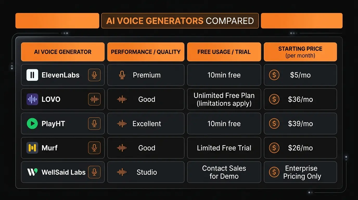 Side-by-side comparison infographic of all 8 AI voice generators showing free tier limits, voice counts, language support, and quality ratings