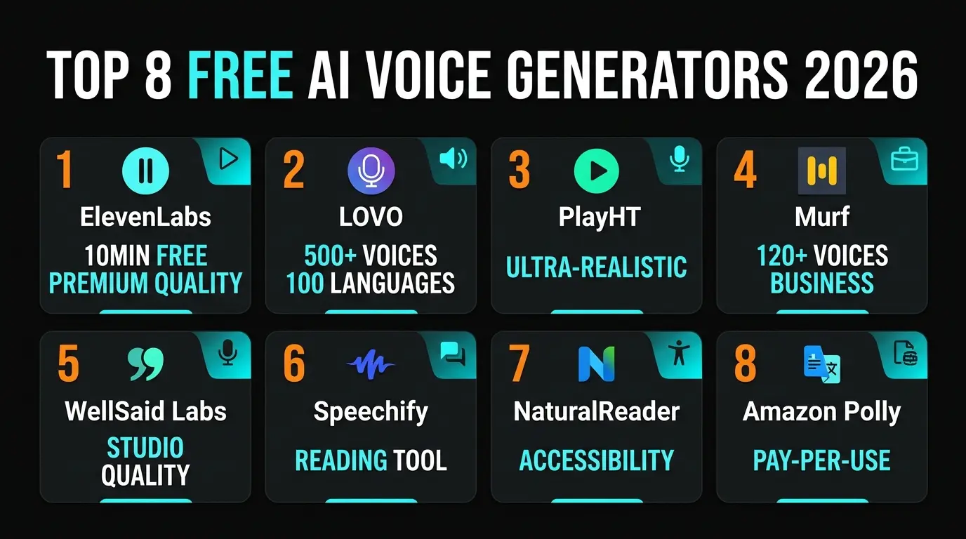AI voice generator features overview infographic showing 6 key capabilities — voice cloning, multilingual support, emotional tone, API access, video editing, and real-time streaming
