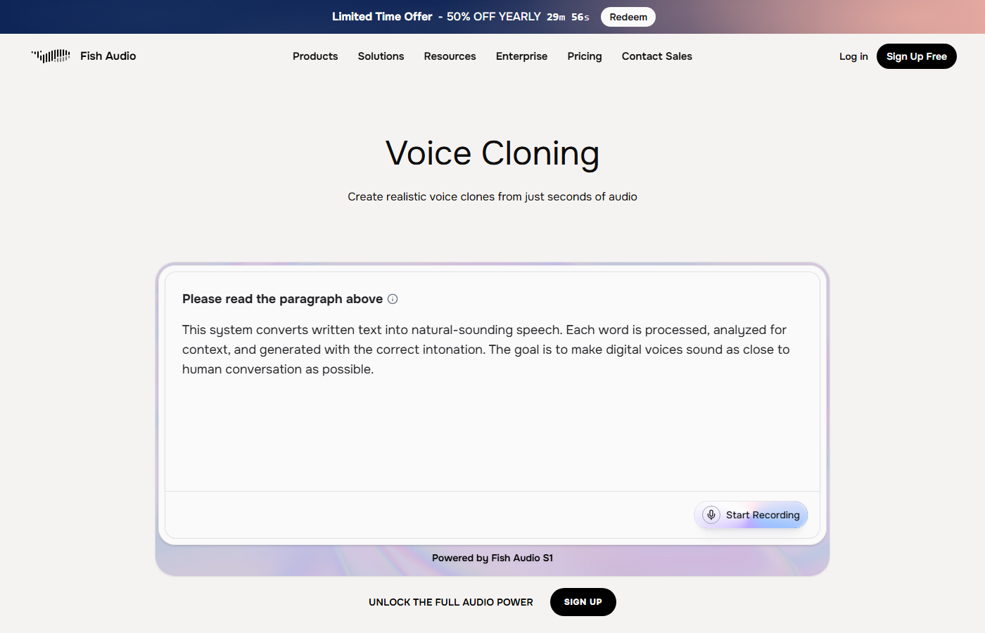 Fish Audio Voice Cloning page — create realistic voice clones from just seconds of audio