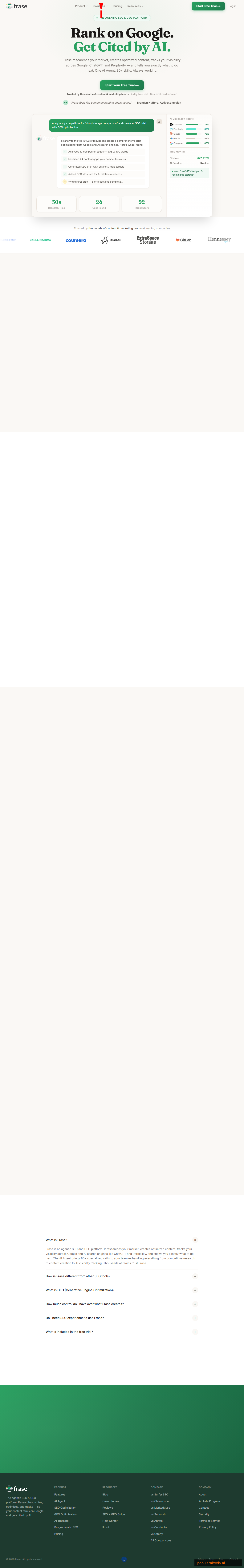 Frase homepage showing AI content creation and SEO optimization features