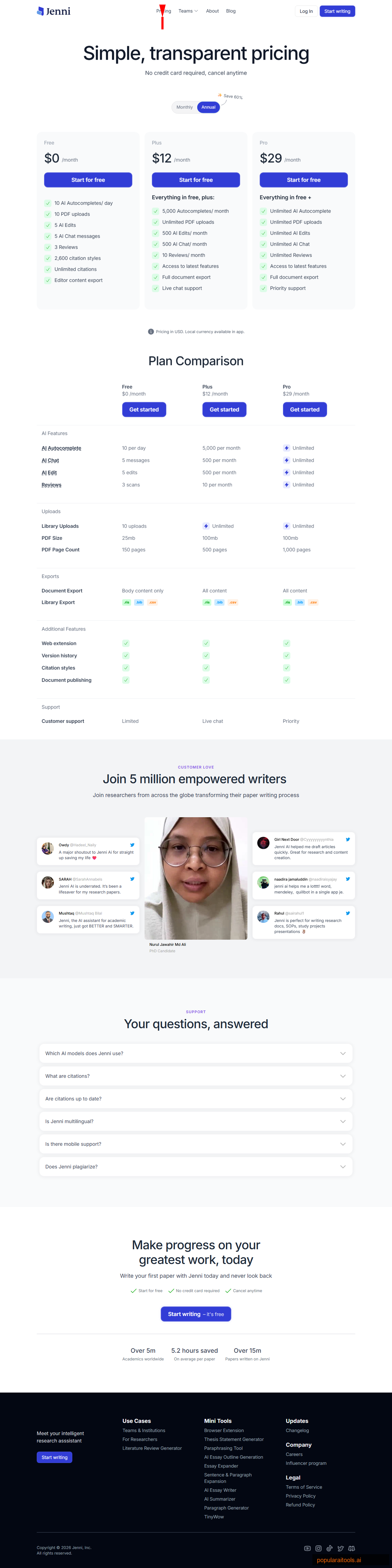 Jenni AI pricing page showing Starter and Pro subscription plans for academic writers