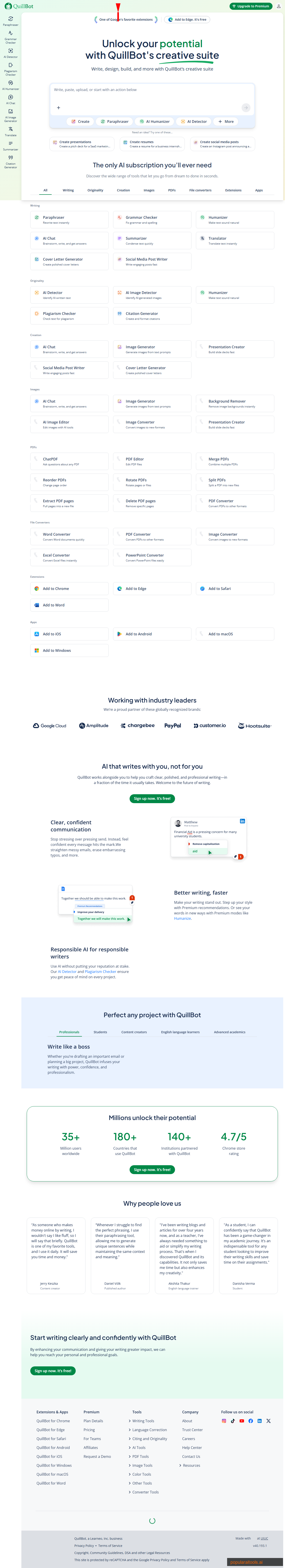 QuillBot homepage showing paraphrasing tool interface and writing modes