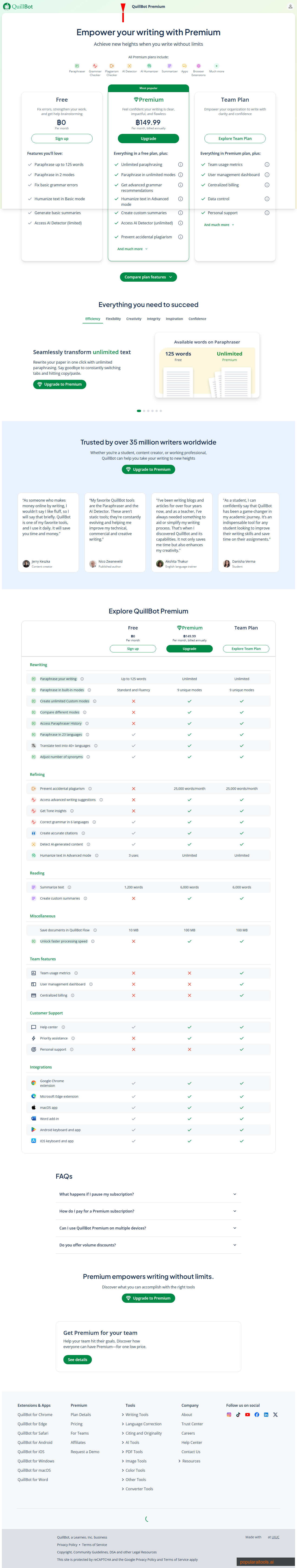 QuillBot Premium pricing page showing affordable monthly and annual subscription plans