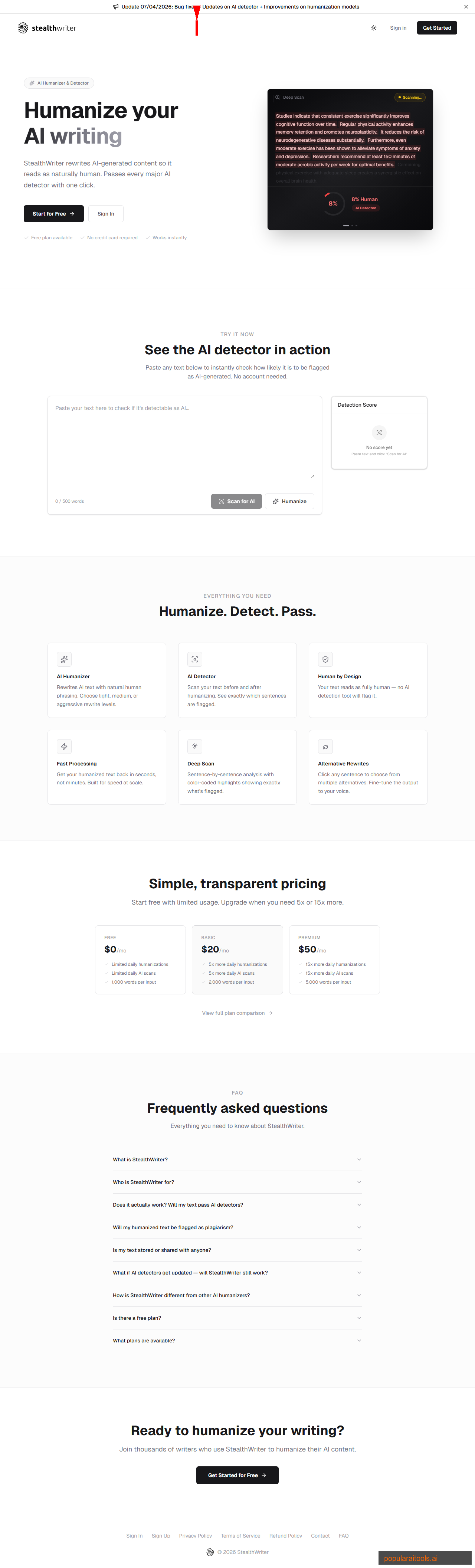 StealthWriter homepage showing AI content humanization and detection bypass features