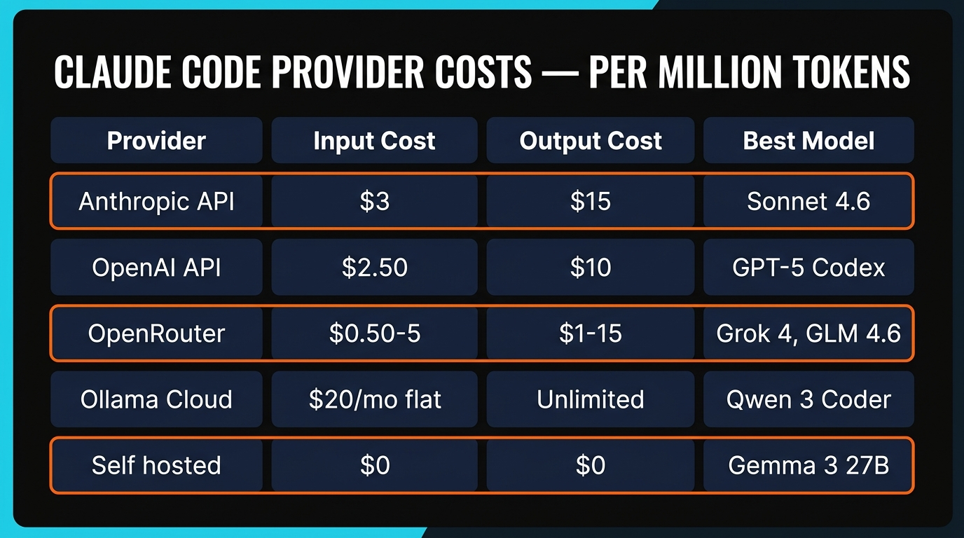 Claude Code provider costs per million tokens comparison chart