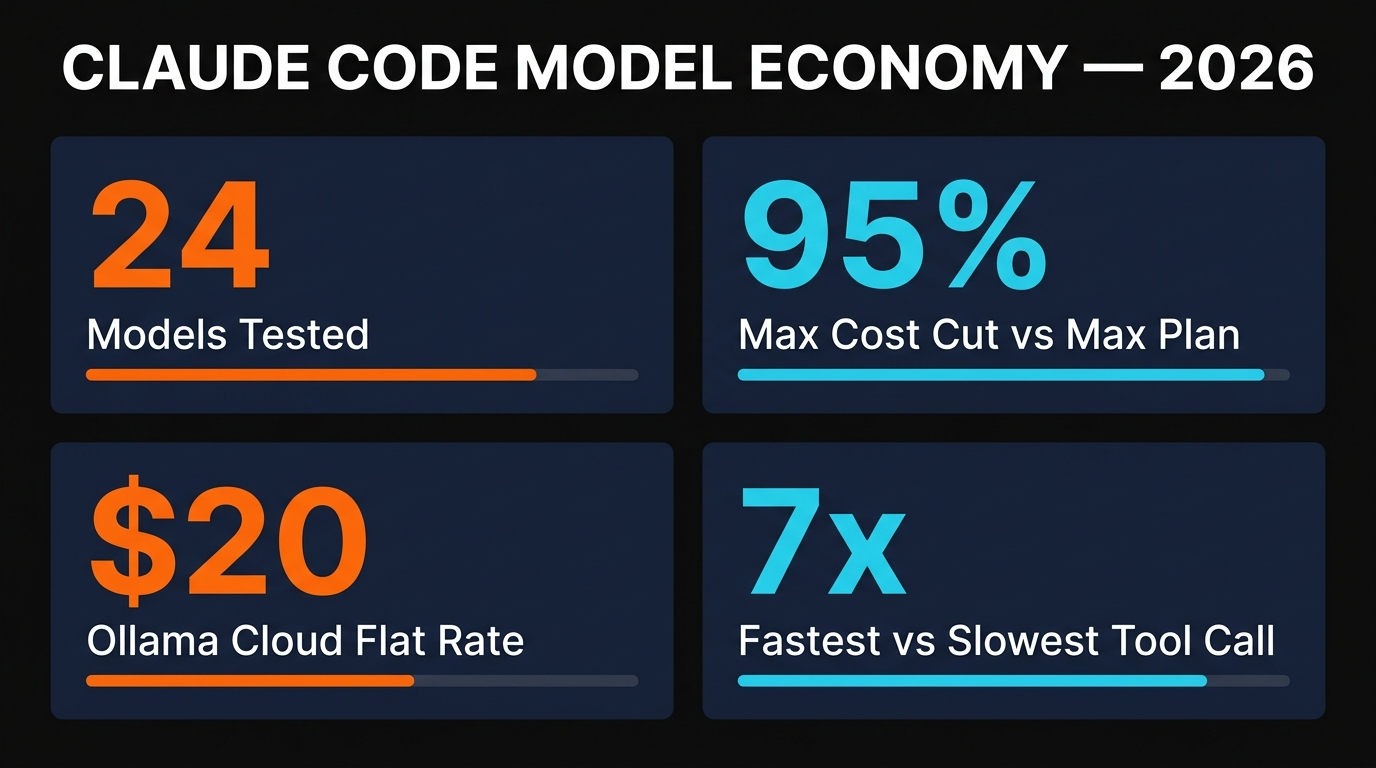 Claude Code model economy stats — 24 models tested, 95 percent max cost cut, 20 dollar flat rate, 7x speed spread