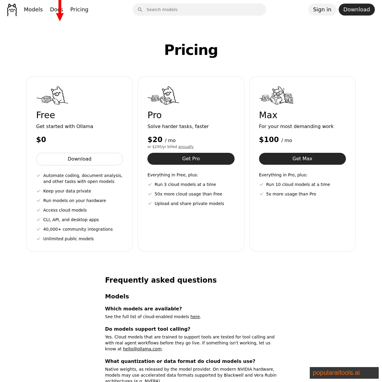 Ollama Cloud page showing the flat-rate subscription for unmetered access to frontier open-weight models