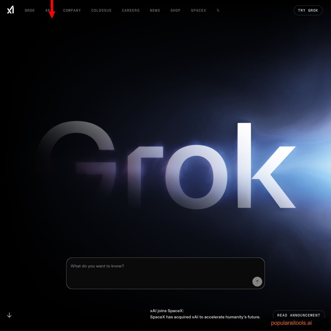 xAI homepage showing the Grok model family used in our tool-calling tests