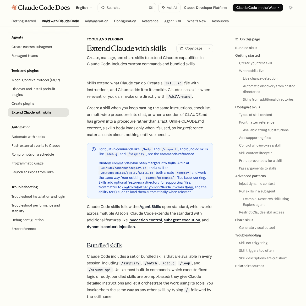 Claude Code skills documentation page showing how to extend Claude with custom skills and plugins
