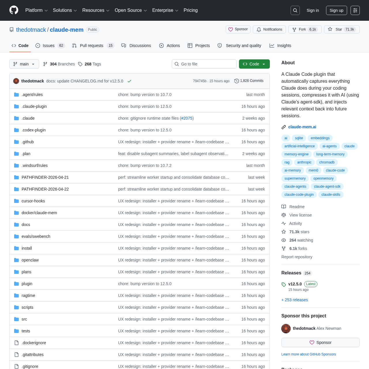 Claude-Mem GitHub repository showing automatic session capture and persistent memory for Claude Code