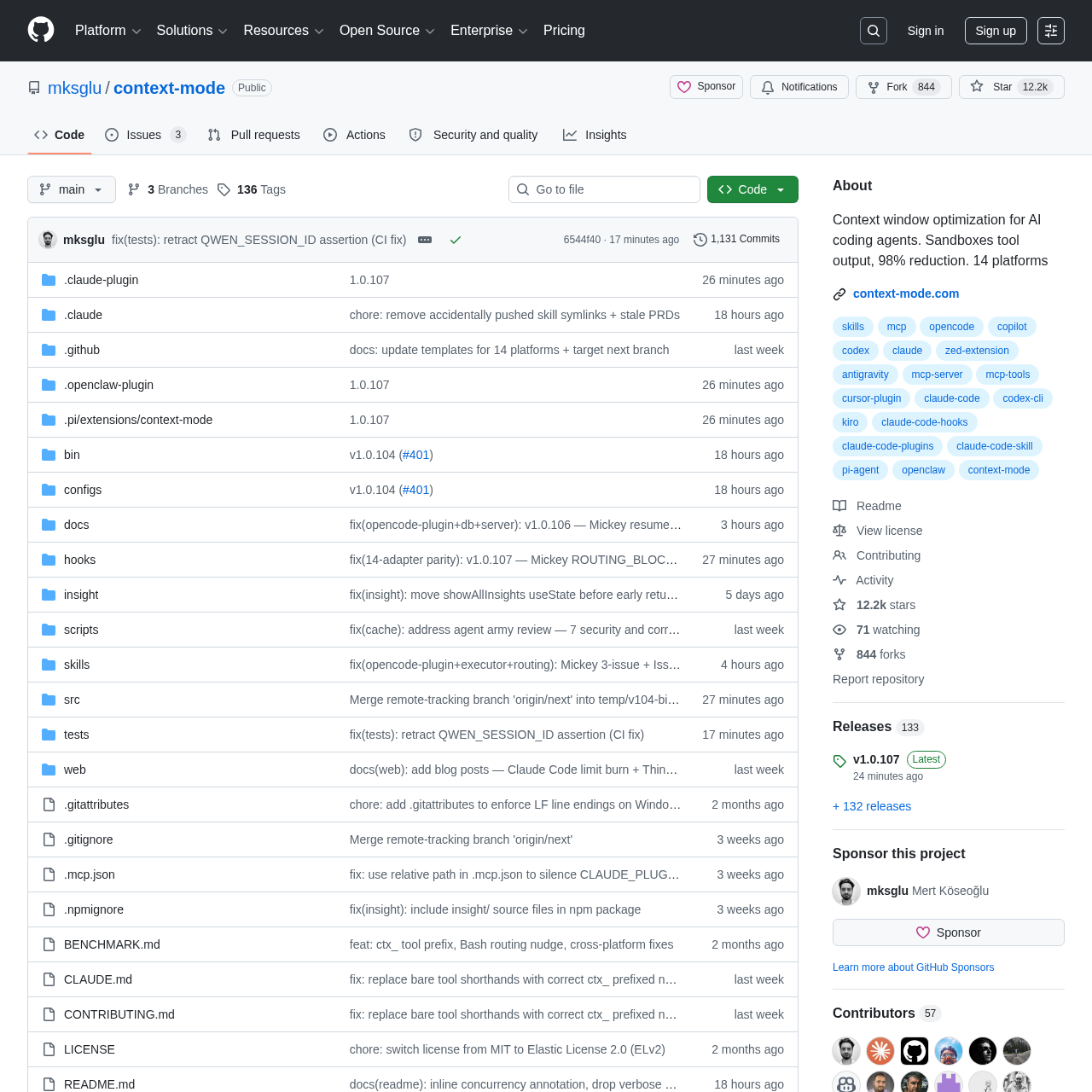 Context Mode GitHub repository showing context window optimization achieving 98% reduction for AI coding agents