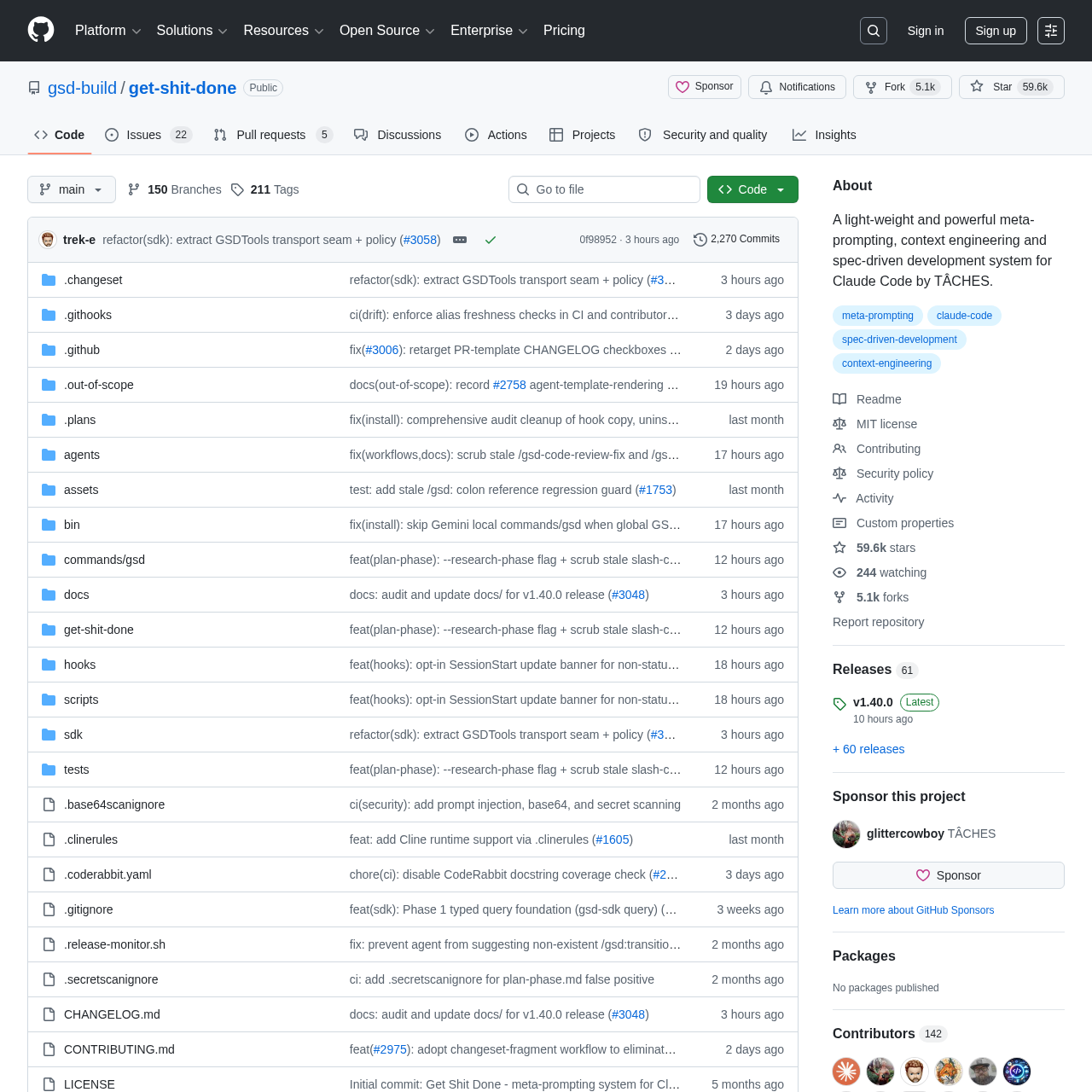 Get Shit Done GitHub repository showing the meta-prompting and context engineering system for Claude Code