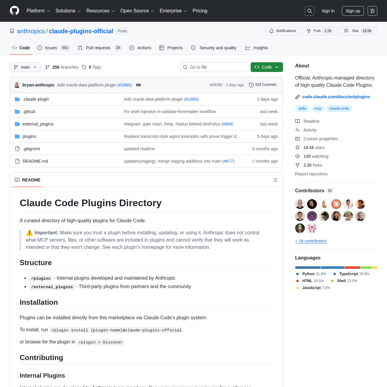Anthropic's official claude-plugins-official repository on GitHub showing the skill creator plugin