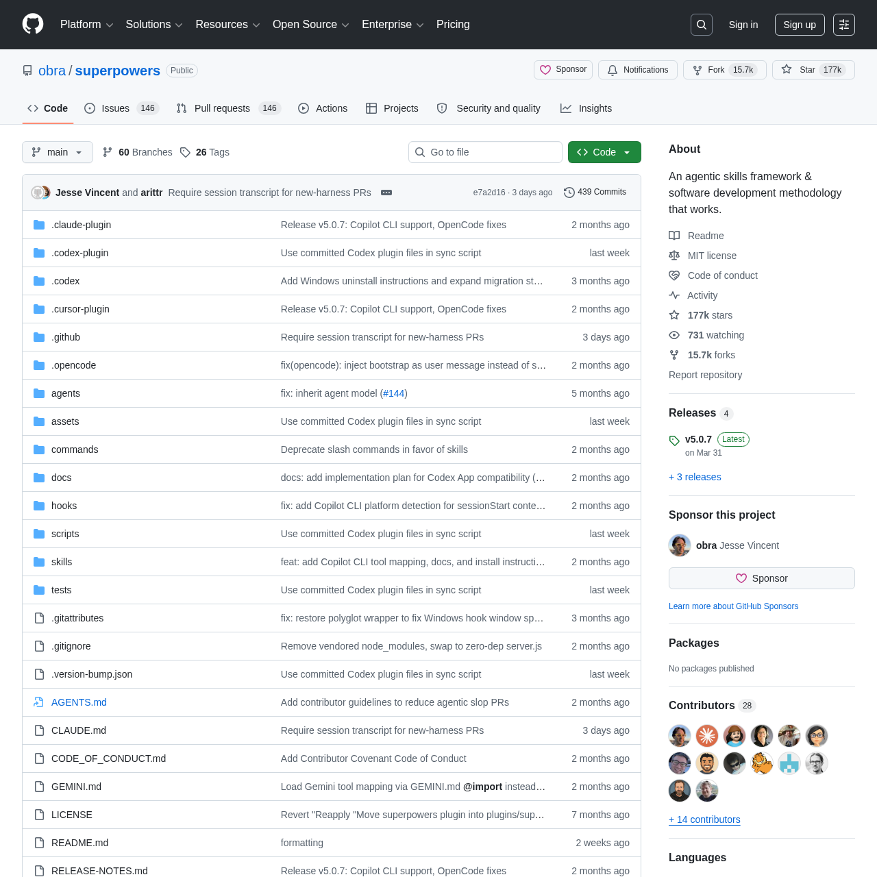 Superpowers GitHub repository showing the agentic skills framework for Claude Code with 150K+ stars