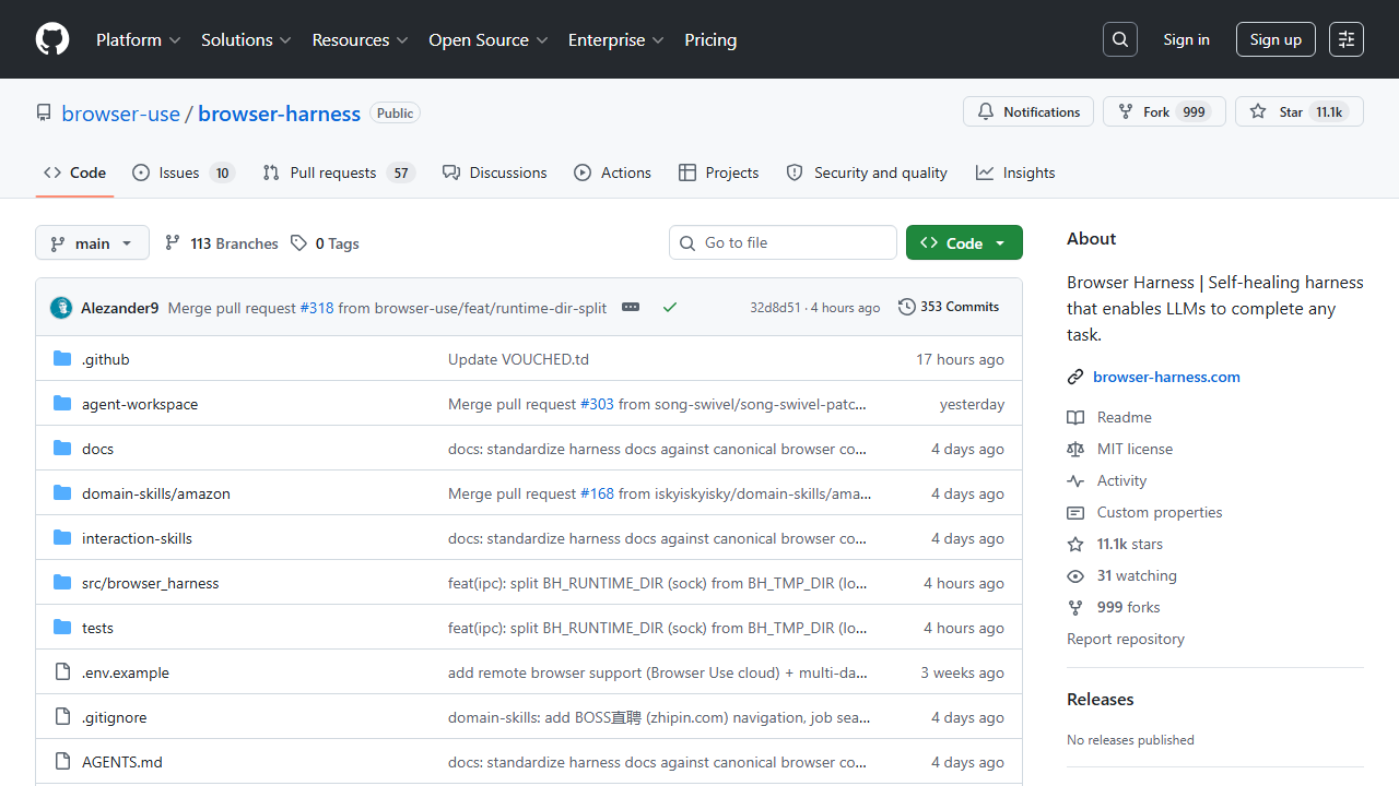 Browser Harness GitHub repository — self-improving browser automation agent that learns from every run