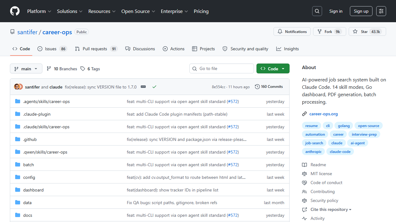 Career Ops GitHub repository — turns any AI coding CLI into a full job search command center with CV generation and portal scanning