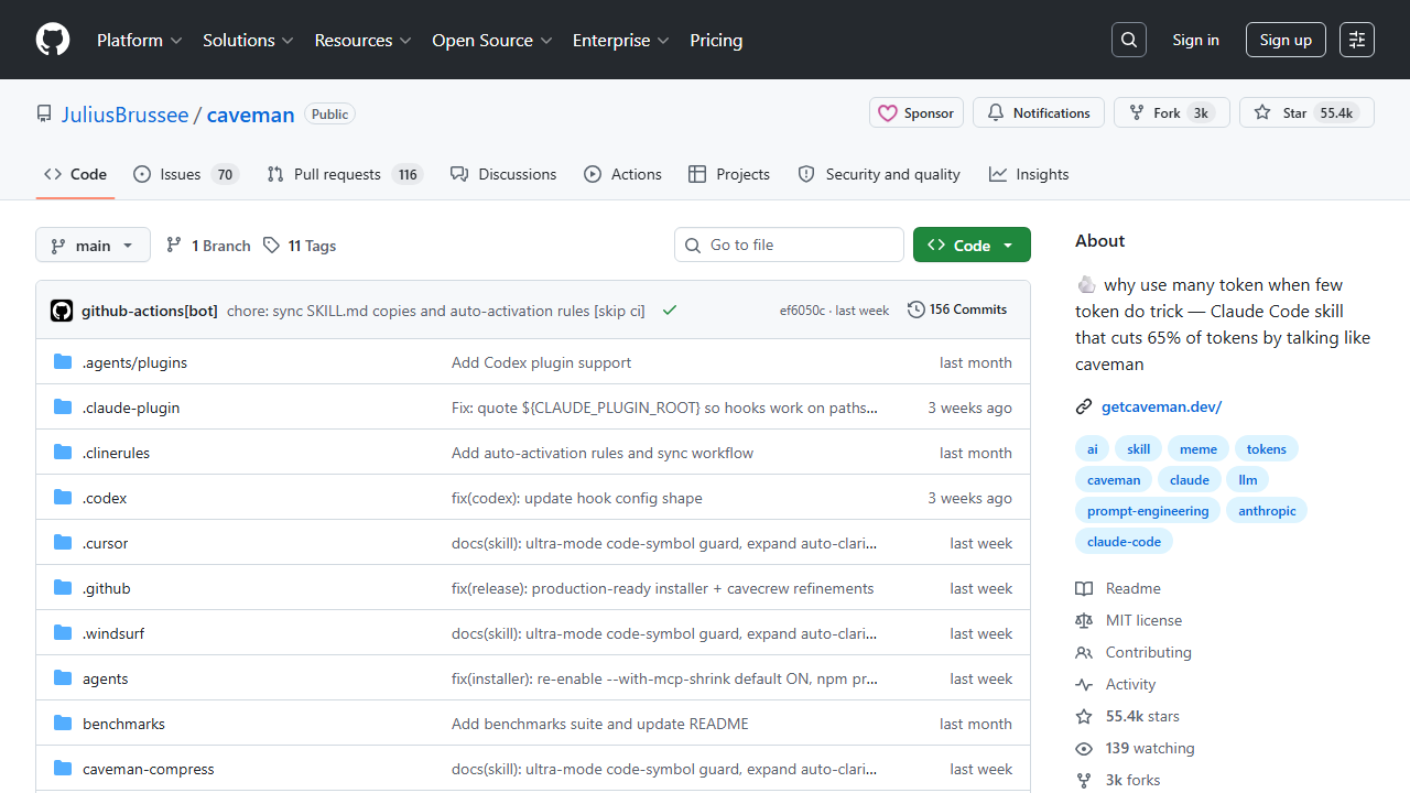 Caveman GitHub repository showing 55K stars — a Claude Code skill for concise output with light, full, and ultra modes