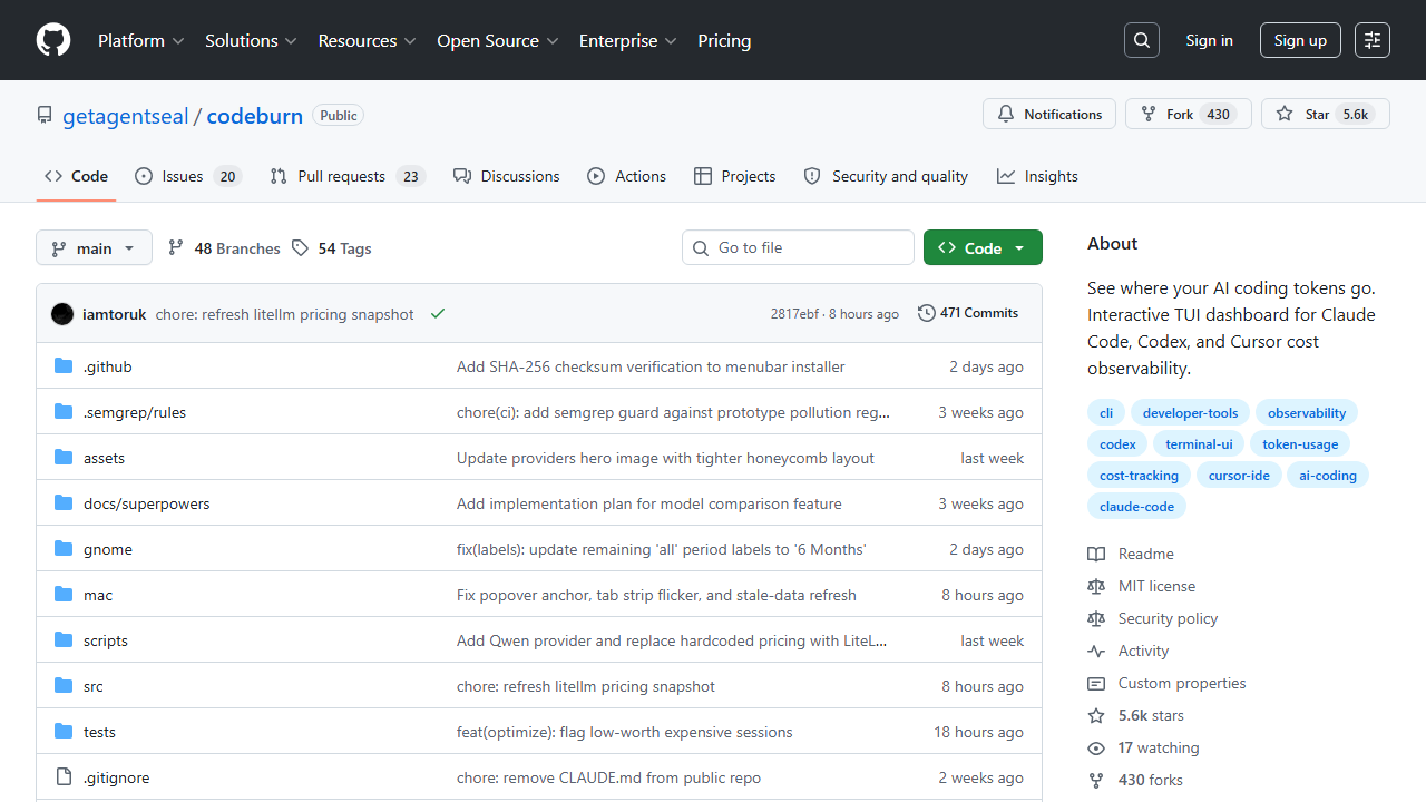 CodeBurn GitHub repository — token cost tracking dashboard for 16 AI coding tools with optimization recommendations