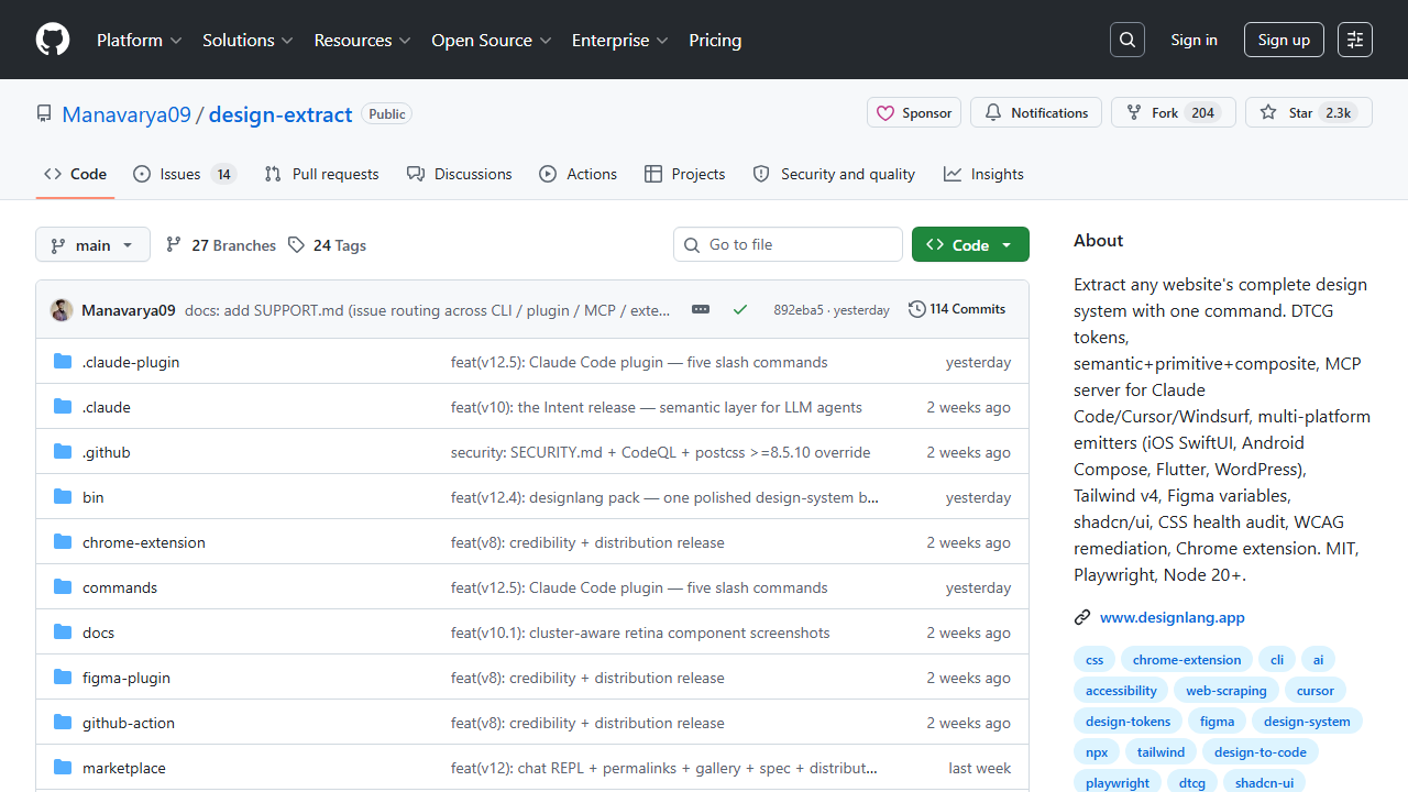 Design Extract GitHub repository — extracts complete design systems from any website using headless browser analysis