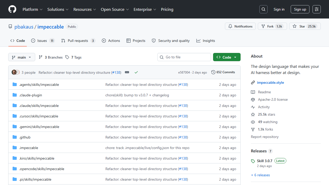 Impeccable v3.0 GitHub repository — front-end design skill with 23 commands and live browser editing mode