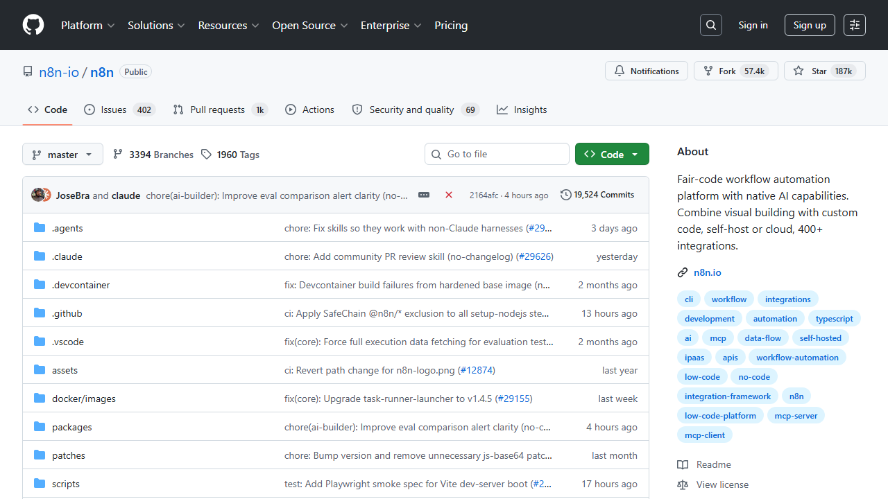 n8n GitHub repository — 187K stars, official MCP server for building automations from Claude Code via TypeScript validation