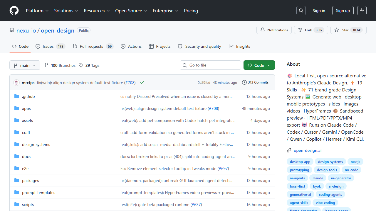Open Design GitHub repository — open source alternative to Claude Design with 31 skills and 72 design systems