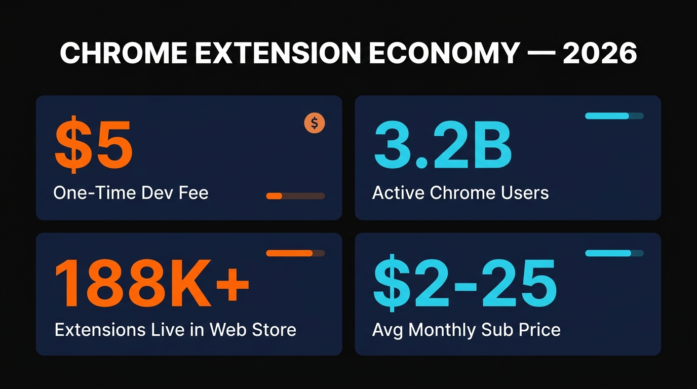 Chrome extension economy by the numbers — five dollar dev fee, 3.2 billion users, 188K extensions, $2-25 average sub price