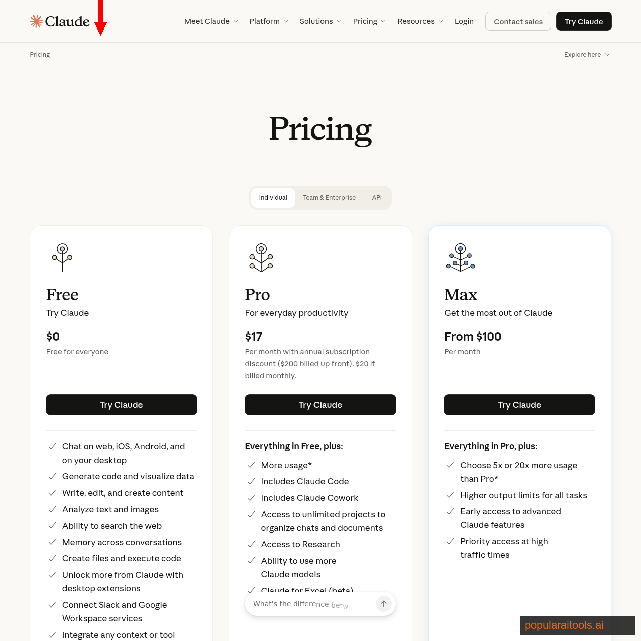 Anthropic Claude pricing page showing Free, Pro, and Max tiers used to build Chrome extensions