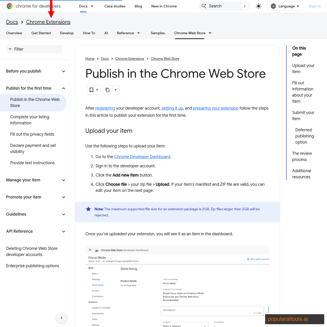 Chrome for Developers documentation page explaining how to publish an extension to the Chrome Web Store