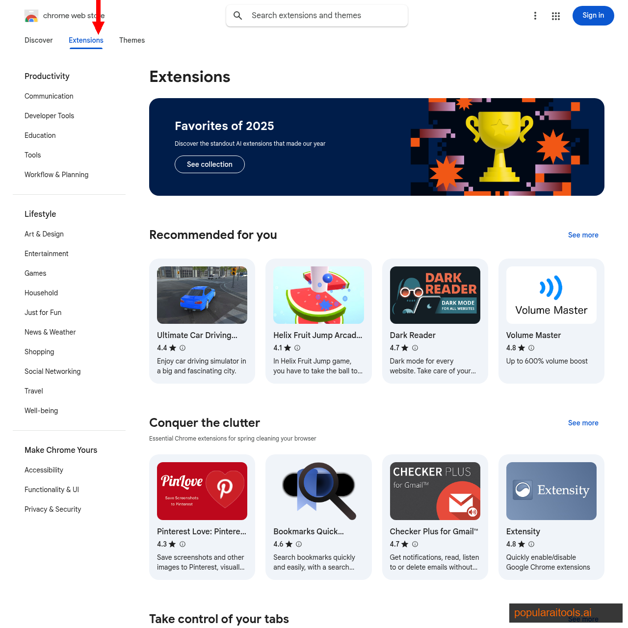 Chrome Web Store extensions category page showing thousands of available extensions